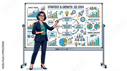 Businesswoman presenting on whiteboard chart.