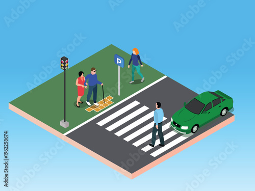 City Street with Pedestrian Crosswalk, Blind Person, and Traffic Safety 3d isometric vector illustration