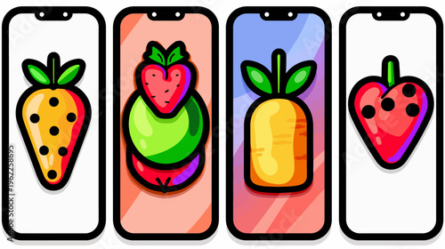Four stylized smartphone screens display colorful, cartoonish fruit illustrations with a bold, black outline