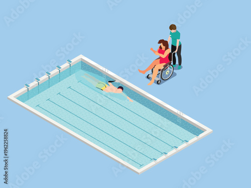 Swimming Pool Accessibility with Disabled Swimmer and Patient in Wheelchair 3d isometric vector illustration