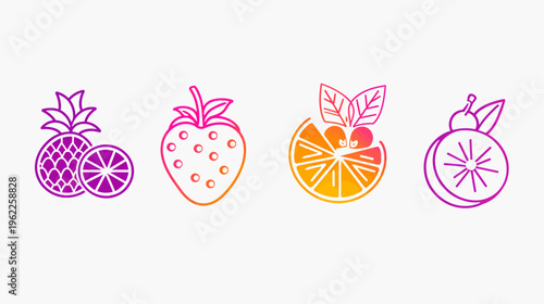 A collection of fruit illustrations. Pineapple, strawberry, orange slice, and a halved fruit. Brightly colored