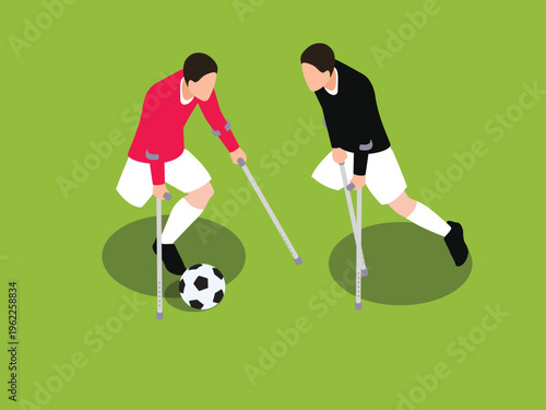 Amputee Soccer Players on Crutches Playing Football Match 3d isometric vector illustration
