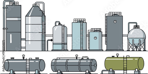 Industrial storage tank and oil silo vector set, refinery factory equipment icons, fuel containers and chemical pressure vessels collection, isolated flat illustrations.