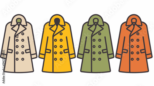 Four colorful trench coat illustrations, with differing button arrangements and collared styles