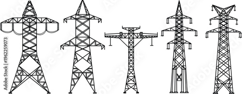 electric transmission towers, power line pylons, electricity infrastructure, high voltage lines, energy distribution, engineering structures, industrial grid, utility poles, vector line art, 