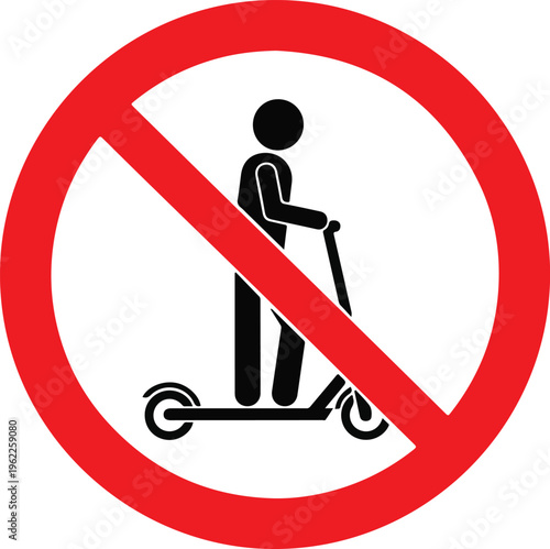 No scooter sign. Kick scooter not allowed. Prohibition sign. Vector icon isolated on white background.