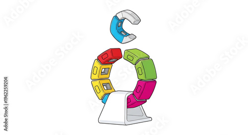 A colorful vector graphic illustration of a modular robotic toy with interchangeable parts