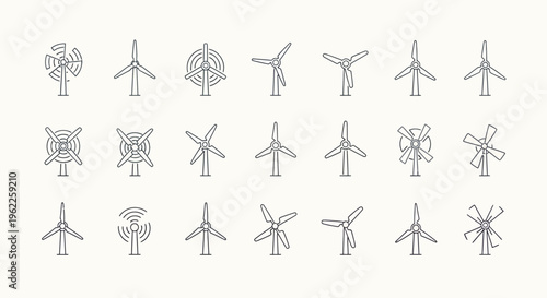 Collection of minimalist wind turbine illustrations showcasing renewable energy sources efficiently