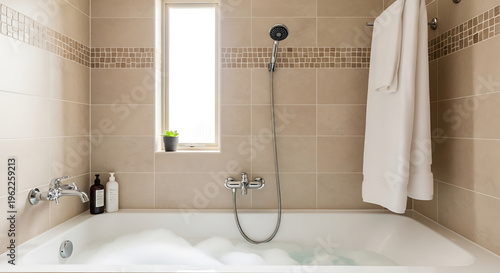 A serene bathroom scene with a large bathtub filled with bubbles under a rainfall showerhead