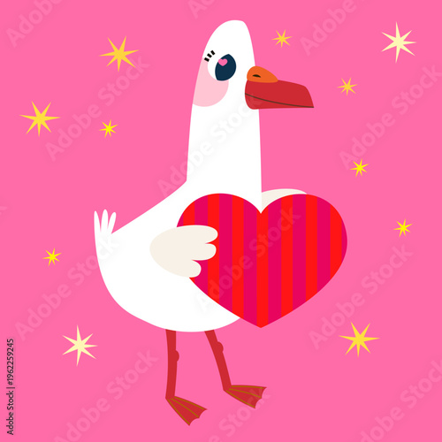 Cute white goose holding a large red striped heart. Ideal for Valentines Day, love notes, and "it's a girl" baby shower announcements on pink starry background