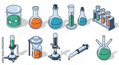 Illustrated chemical lab equipment in isometric view on white background for science