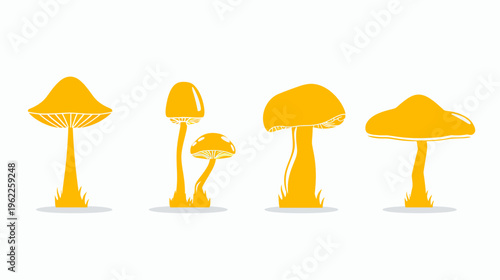A vibrant illustration showcasing four stylized, golden mushrooms with varying cap shapes
