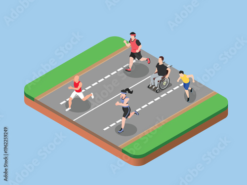 Inclusive Marathon with Diverse Runners and Wheelchair Athlete 3d isometric vector illustration