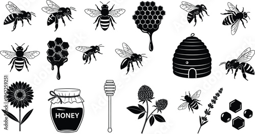 Bee silhouette collection isolated on transparent background