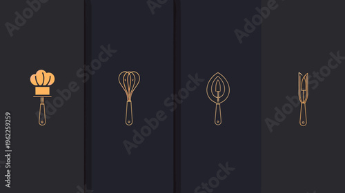 Collection of golden outline illustrations of culinary tools, including a chef's hat and various kitchen utensils