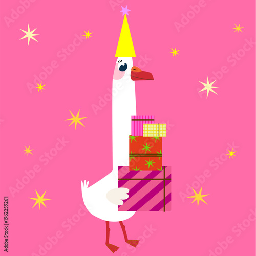 Proud white goose carrying a vertical pile of small colorful gift boxes. Ideal for party favor tags, holiday gift delivery, and festive baby shower themes