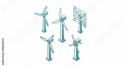 Illustrated depiction of different wind turbines with solar panel element for sustainable energy.