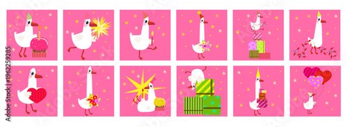 Big set of festive white geese characters on pink background with golden stars. Hand drawn collection for kids birthday party, baby shower and nursery decor