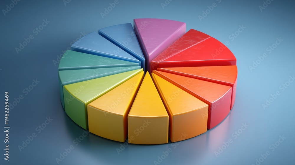 Obraz premium Colorful pie chart with sliced segments on a soft blue background representing data visualization and business analytics concept for presentations