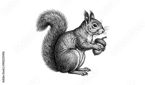 Intricate black and white illustration of squirrel holding acorn