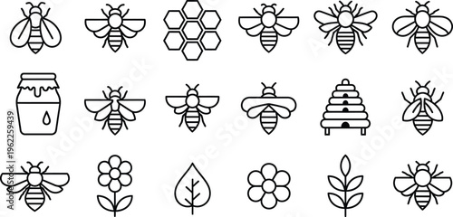 Bee and apiary silhouette icons isolated on transparent background