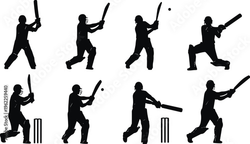 Cricket player silhouettes set, batsmen in various playing poses and batting shots, sports athlete silhouettes with bat and wickets, isolated vector illustrations.
