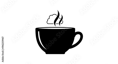 Minimalist monochrome coffee cup illustration with rising steam representing hot beverage