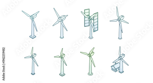 Isometric Wind Turbine Illustrations Showcasing Clean Energy and Renewable Resources