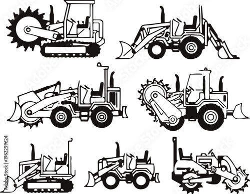 Construction machinery vector set featuring trenchers, excavators, and bulldozers, heavy equipment icons for building and road works, isolated black and white illustrations.