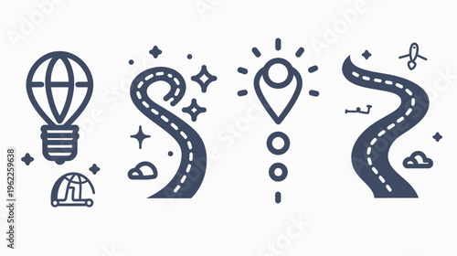 A collection of simple, stylized illustrations in a blue and white color scheme. Featuring roads, map pin