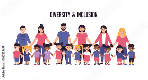 Diverse Group of Adults and Children Holding Hands - Unity, Inclusion, Community, and Global Friendship Concept