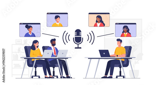 Virtual Meeting and Online Conference with Diverse Remote Professionals Collaborating, Featuring a Podcast or Broadcast Microphone