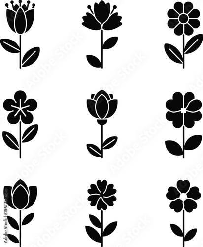 Nine black stylized flower on a white background symbol black and white simple