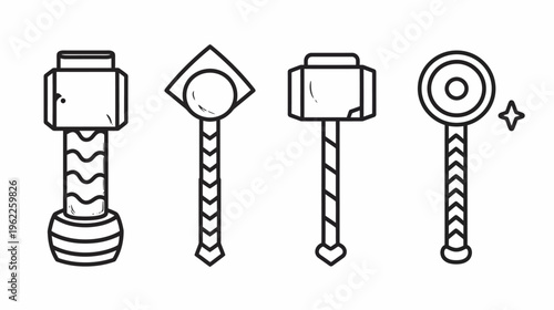 A set of four different stylized hammer illustrations in black and white