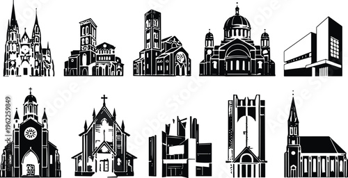 Cathedral and church silhouette vector set, religious building icons featuring gothic and modern architecture, historical chapel illustrations, isolated black landmarks on white.