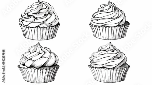 Hand-drawn illustrations of four cupcakes, featuring swirled frosting in a black and white style