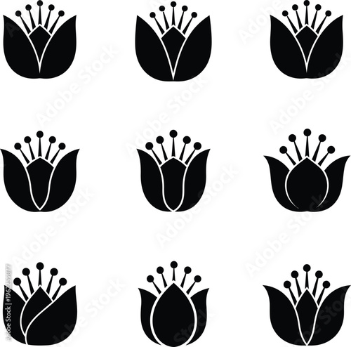 Nine black stylized flower on white background symbol simple