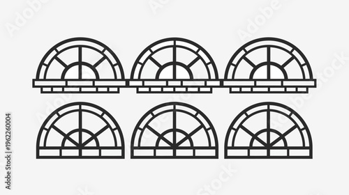 Black and white line art of six arched windows. The windows are symmetrical and in a row