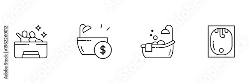 Bathtub and shower icon set featuring home bathroom interior with clock timer water spray and luxury hygiene vector illustration icons.