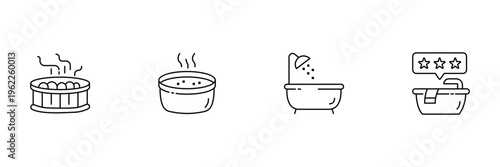 Bathtub and spa icon set featuring hot tub steam bath shower and rated luxury bathroom elements for vector illustration icons.