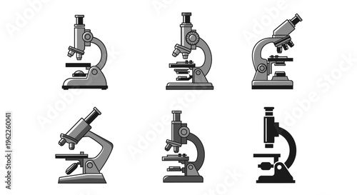 Illustration depicting various microscope designs for scientific research or educational purposes