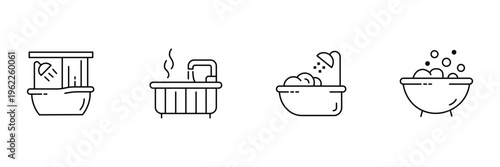 Bathtub and shower icon set featuring home bathroom interior design with water steam and soap bubbles for vector illustration icons.