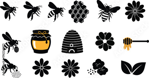 Silhouette of bees honeycomb and flowers isolated on transparent background