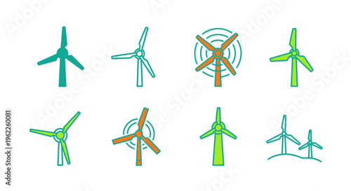 Illustration of varied colorful wind turbines showing clean energy and renewable power concepts