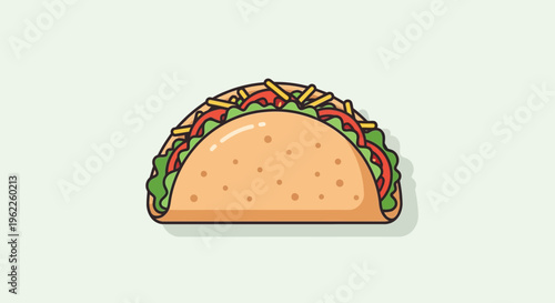 Cartoon-style illustration of a delicious taco filled with fresh ingredients and flavors