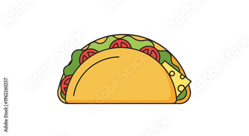 Colorful cartoon illustration of a delicious taco filled with fresh ingredients and cheese