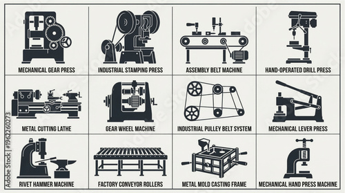 Diverse collection of monochrome vector icons illustrating various industrial machinery and manufacturing equipment essential for production processes and engineering design needs