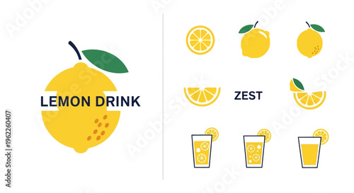 Minimalist Lemon Drink Design with Citrus Fruit Icons and Juice Illustrations