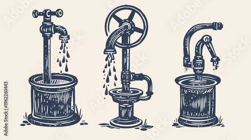 Three vintage illustration of water pumps with the water dripping down into a cylindrical container
