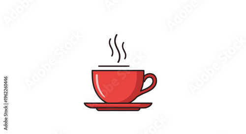 Minimalistic illustration of a red teacup with steam, ideal for designs, and logos.